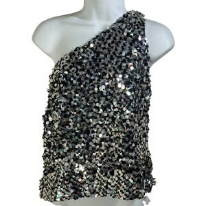 Roxy goth Sequins One Shoulder Top Black Silver Sparkly Party L vintage y2k 90s